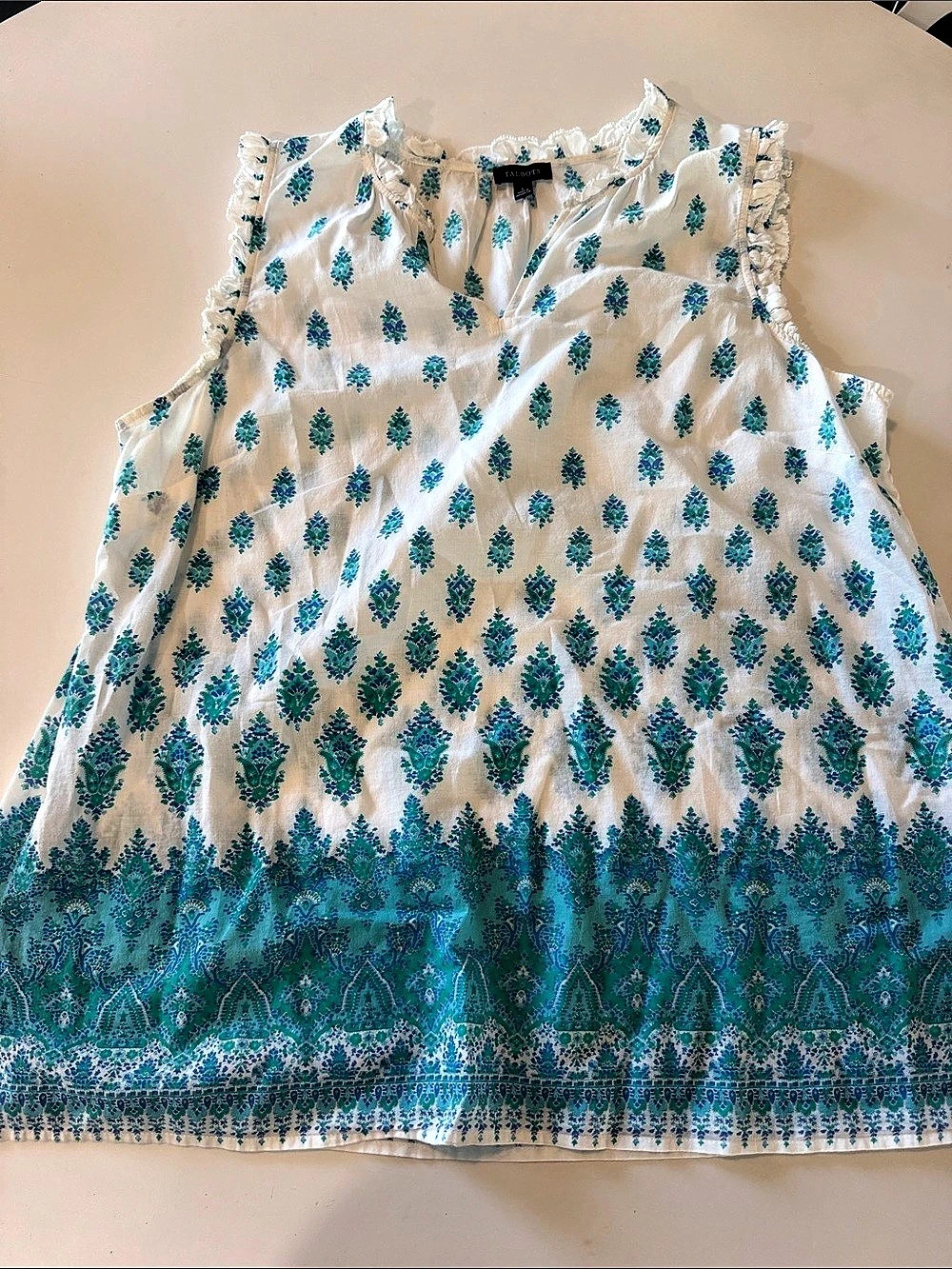 Talbots Floral Cotton Blouse in White & Blue Large
